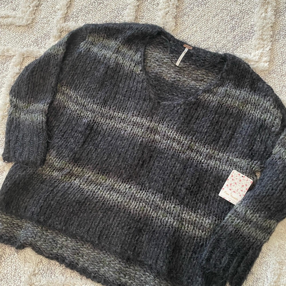 Free People Black and Gray V-Neck Sweater with Stripes